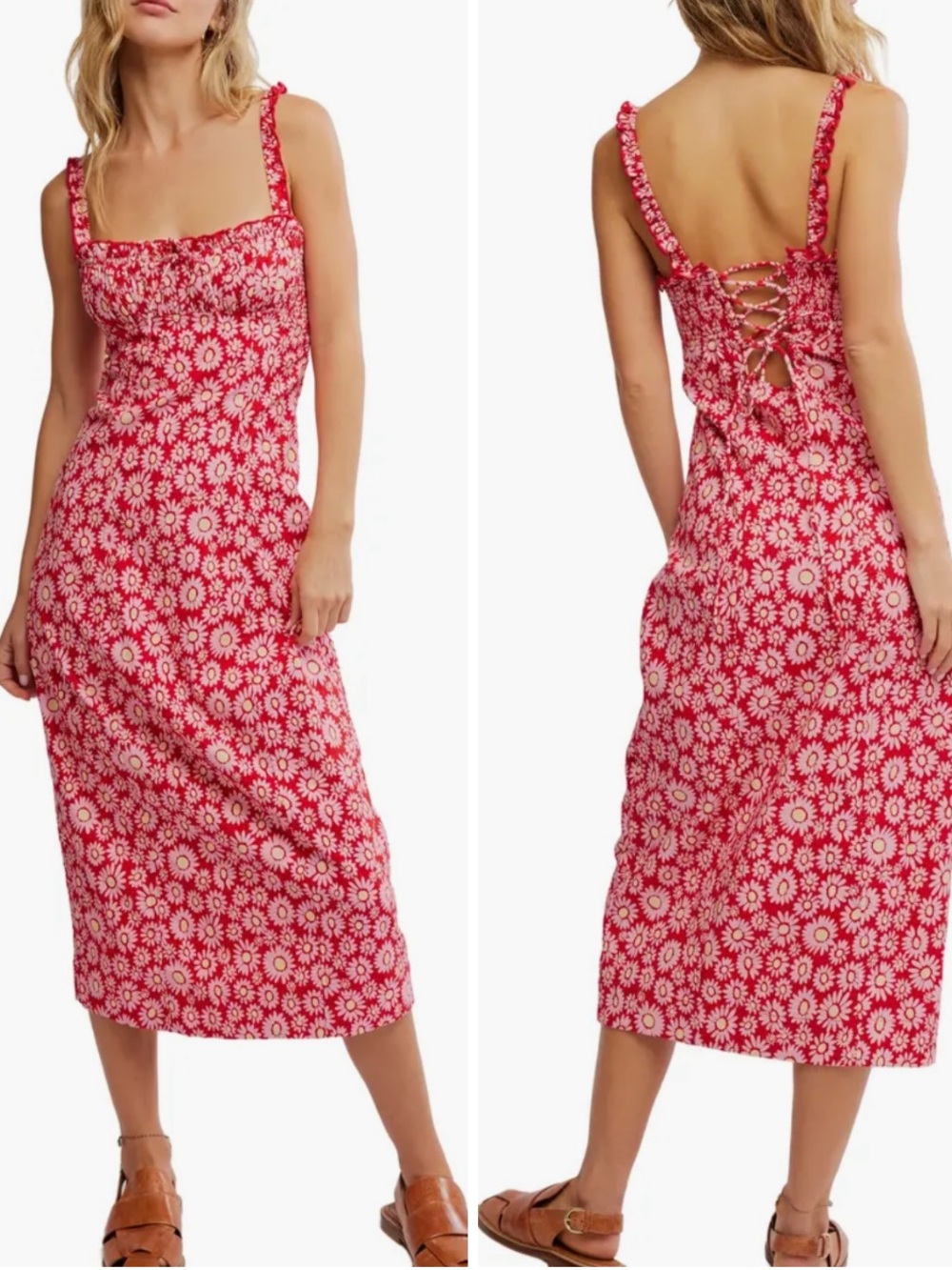 🍅🌼FREE PEOPLE Lucinda Midi Sundress Tomato Daisy Bright Red Floral Lace-Up XL - Picture 14 of 16